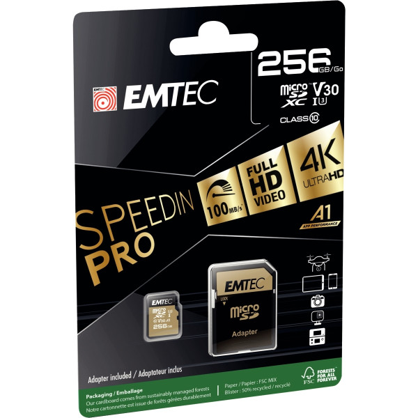 Carte mémoire micro SD Emtec UHS I U3 V30 Speedin Pro XC 256 GO