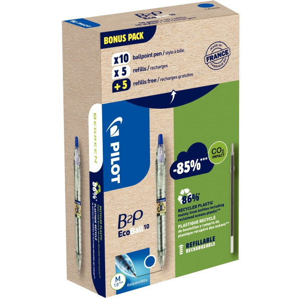 Greenpack de 10 stylos + 10 recharges Ecoball bleues