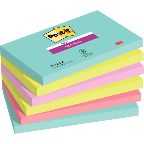 Paquet de 6 blocs de 90 feuilles Super Sticky post-it, 76 x 127 mm, couleurs Miami  : bleu océan, ve