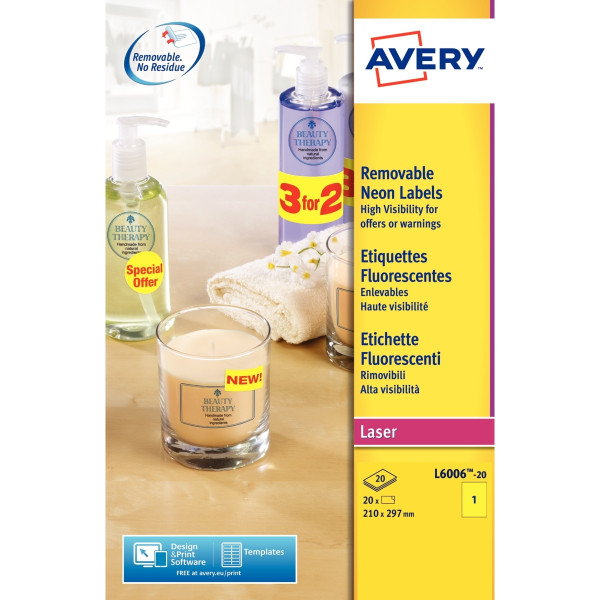 Boîte de 20 étiquettes laser enlevables 210X297mm fluo jaune