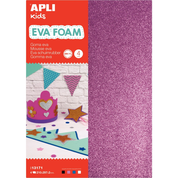 Sachet de 4 feuilles de mousse pailletées format A4 couleurs assorties