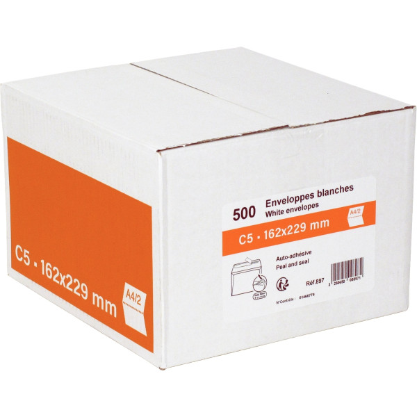 Boite de 500 enveloppes blanches 162x229mm 80g bande siliconée