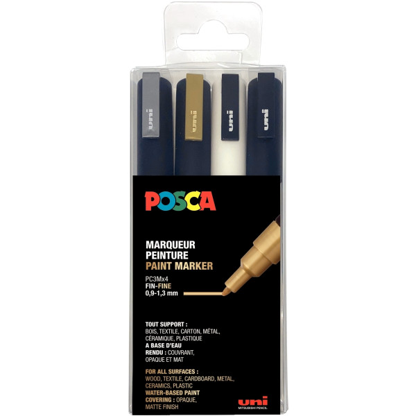 Set de 4 marqueurs Posca pointe fine blanc,noir, argent et or