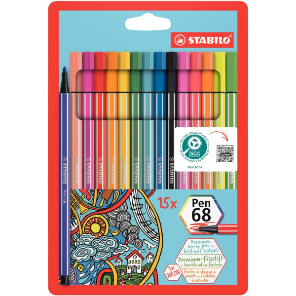 Pochette de 15 feutres Pen 68 pastels assortis