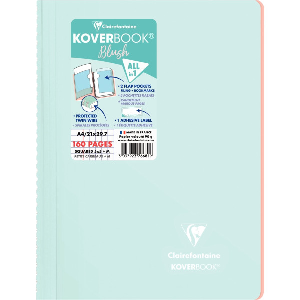 Cahier à reliure intégrale 160 pages KOVERBOOK BLUSH, format A4, quadrillé 5x5
