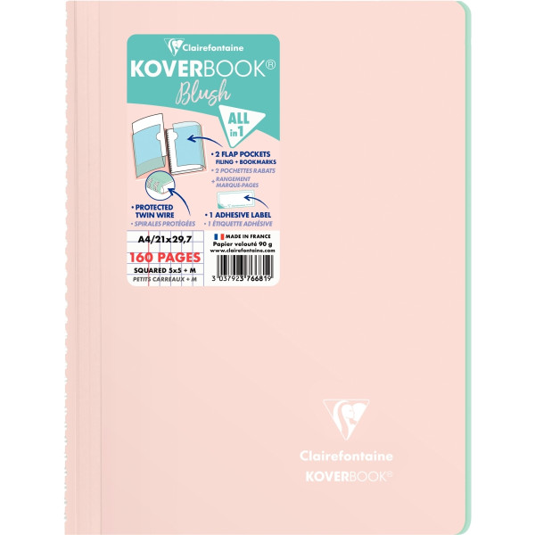 Cahier à reliure intégrale 160 pages KOVERBOOK BLUSH, format A4, quadrillé 5x5
