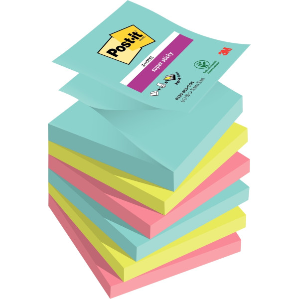 Lot de 6 blocs de 90 feuilles Z-Notes Super Sticky post-it, 76 x 76 mm, couleurs Miami : bleu océan,