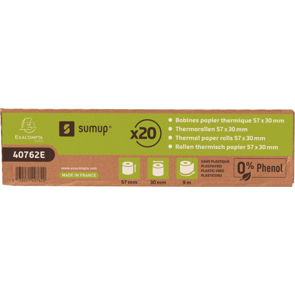 Paquet de 20 bobines thermiques format  57mm x 30mm x 9m pour Sumup