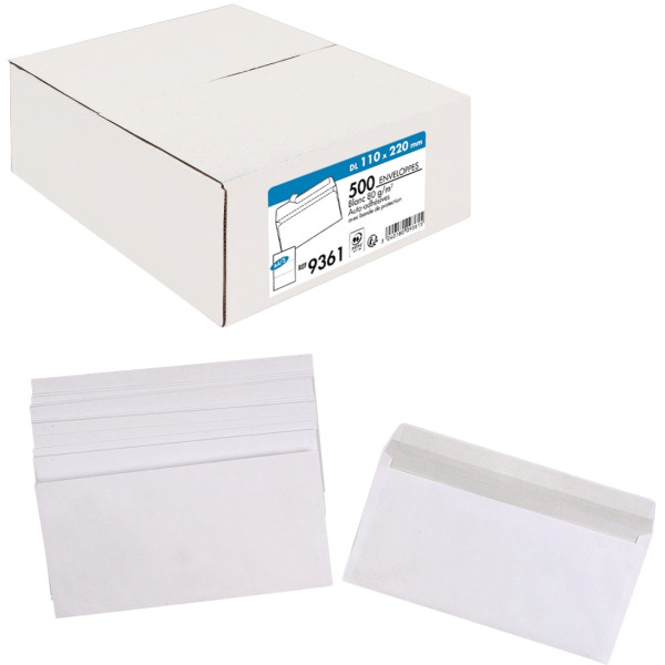 Boite de 500 enveloppes blanches 110x220mm 80g bande silliconée