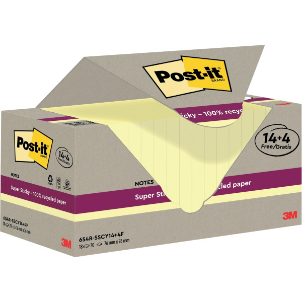 Tour de 18 blocs sticky recyclés 76 x 76 mm  dont 4 gratuits coloris jaune