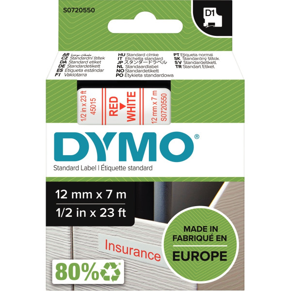 Recharge DYMO D1 12 mm x 7 m impression rouge support blanc