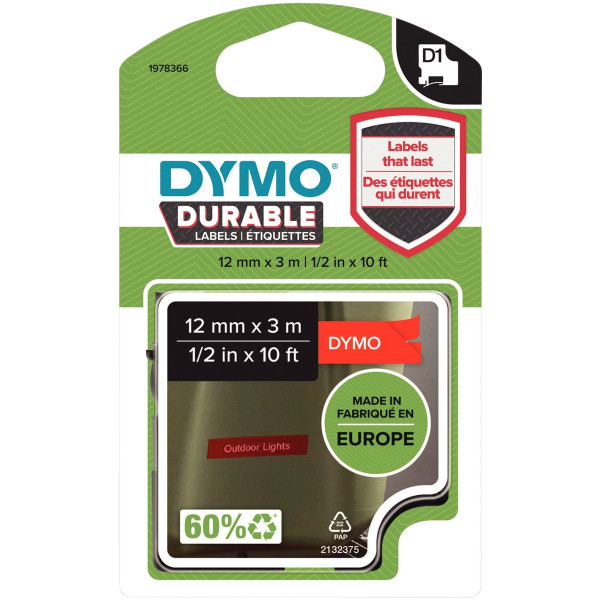 Recharge DYMO D1 12 mm x 3 m impression blanc support rouge