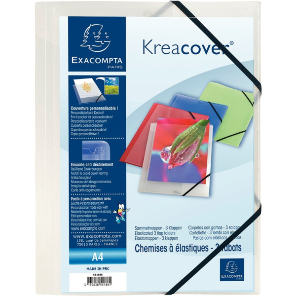 Chemise 3 rabats à élastiques personnalisable KREACOVER en polypropylène incolore