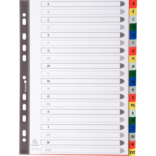 Jeu de 20 intercalaires alphabétiques en polypropylène coloré, format A4