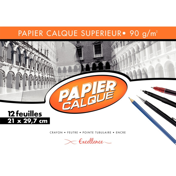 Pochette de 12 feuilles de papier calque 21x29,7cm 90g EXCELLENCE