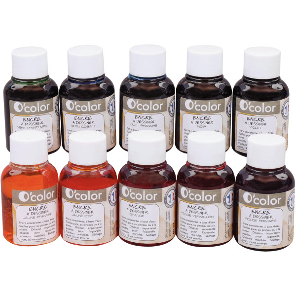Coffret de 10 Flacons de 60 ml d'encre à dessiner coloris assortis