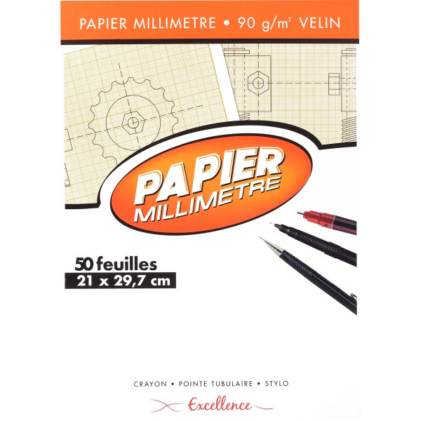 Bloc de 50 feuilles de papier millimétré, 90 g format 21x29,7 cm EXCELLENCE