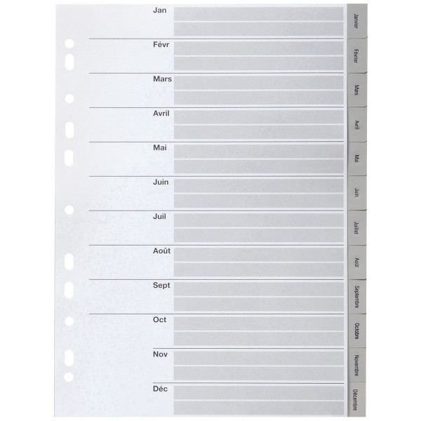 Jeu de 12 intercalaires mensuels en polypropylène gris, format A4