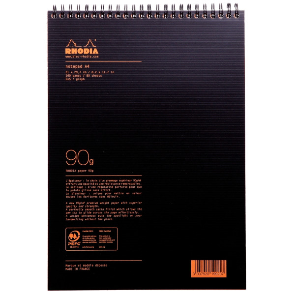 Bloc-notes RHODIACTIVE à reliure intégrale, format A4, 80 feuilles, quadrillé 5x5, papier 90g
