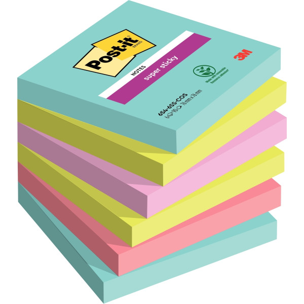 Paquet de 6 blocs de 90 feuilles Super Sticky post-it, 76 x 76 mm, couleurs Miami : bleu océan, vert