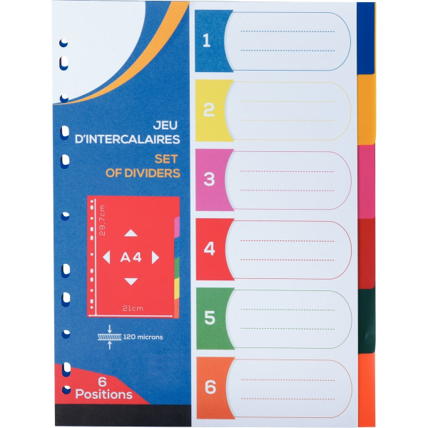 Jeu de 6 intercalaires en polypropylène coloré 12/100ème, format A4