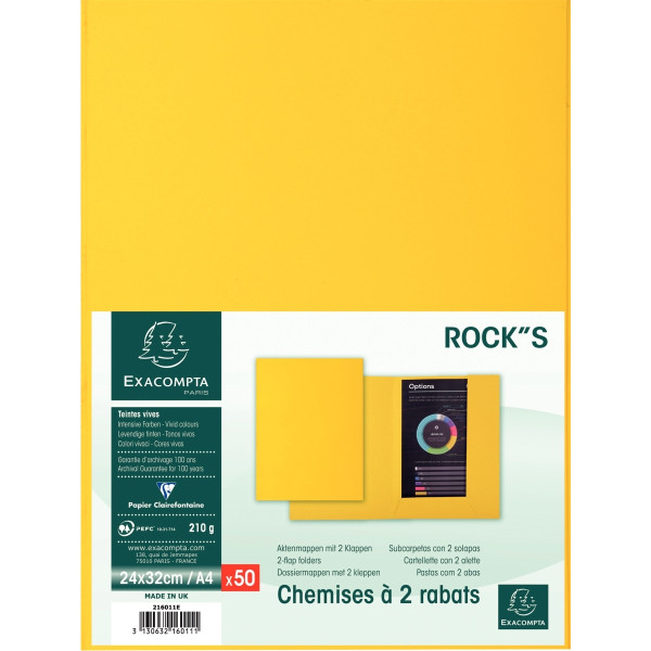 Paquet de 50 chemises 2 rabats ROCK"S 210g, format 24x32 cm, jaune