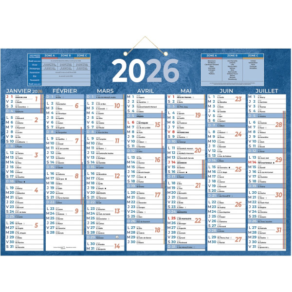 Calendrier semestriel 7 mois par face 38,5x54cm bleu
