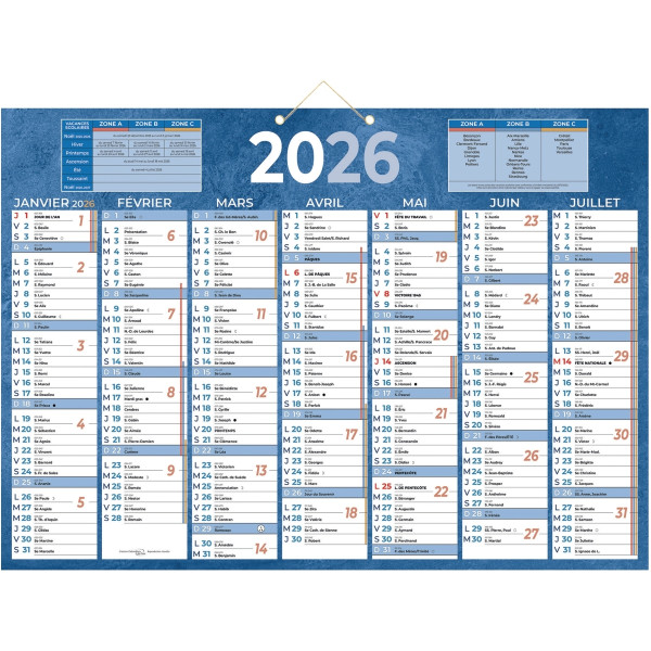 Calendrier semestriel 7 mois par face 38,5x54cm bleu