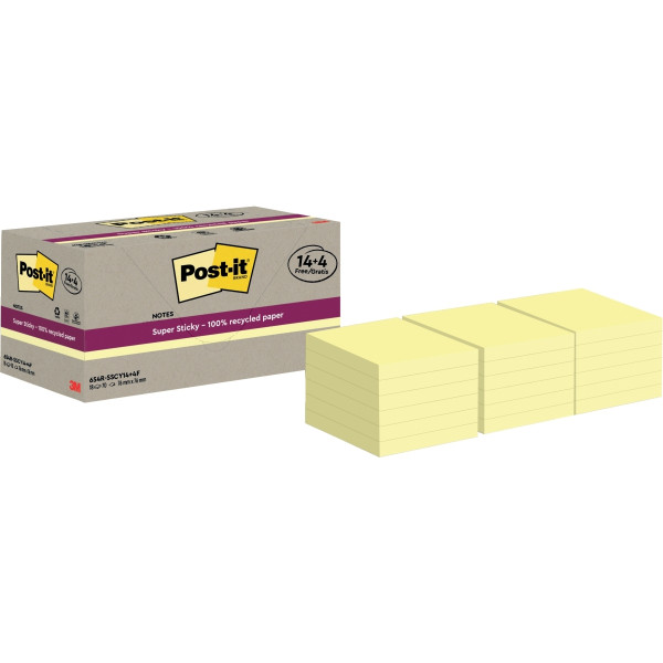 Tour de 18 blocs sticky recyclés 76 x 76 mm  dont 4 gratuits coloris jaune