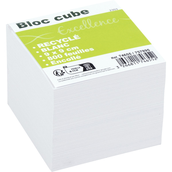 Bloc cube recyclé blanc d'environ 800 feuilles encollées, dimensions : 9 x 9 x 7.5 cm