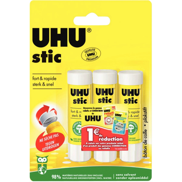 Blister de 3 bâtons de colles 8,2g Uhu stick