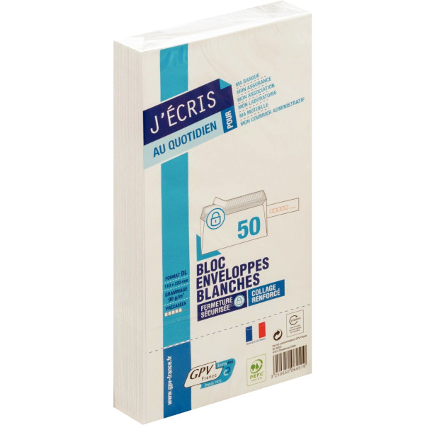 Paquet de 50 enveloppes blanches 110x220mm 90g bande siliconée précasées