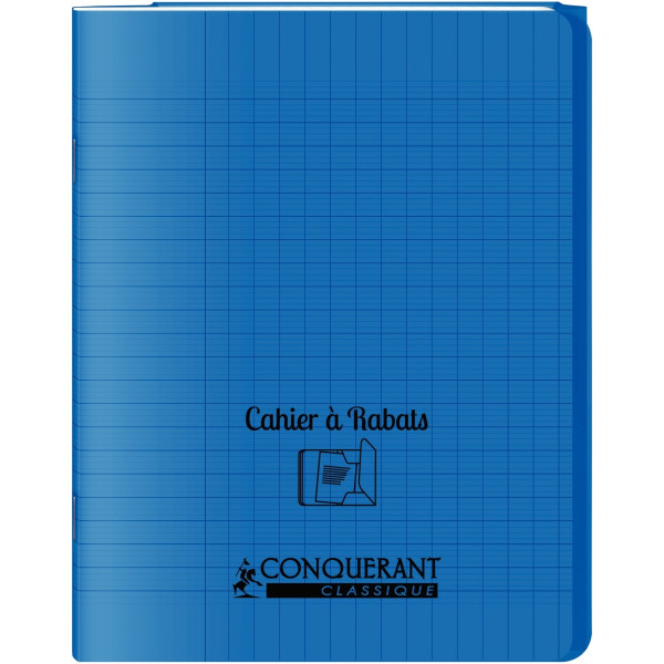 Piqûre 96 pages avec 2 rabats, format 17x22 cm, seyès 90g, couverture polypropylène bleu