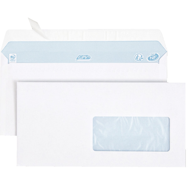 Boite de 500 enveloppes blanches 110x220mm 80g bande siliconée fenêtre 45x100mm