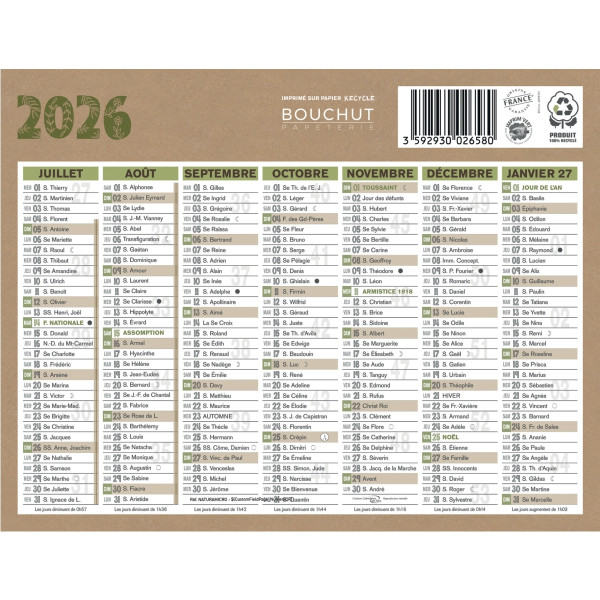 Calendrier semestriel 7 mois par face Natura 13,5x17,5cm