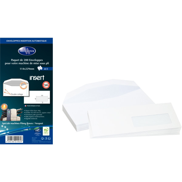 Boite de 200 enveloppes blanches 114x229mm 80g mécanisables fenêtre 45x100mm