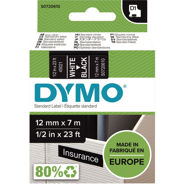 Recharge DYMO D1 12 mm x 7 m blanc sur noir