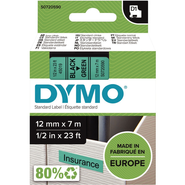 Recharge DYMO D1 12 mm x 7 m impression noir support vert