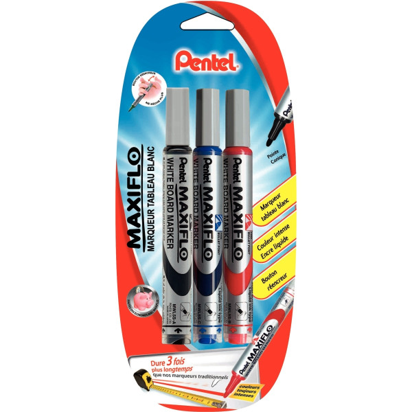 Blister de 3 marqueurs Maxiflo 4,0mm bleu / noir / rouge