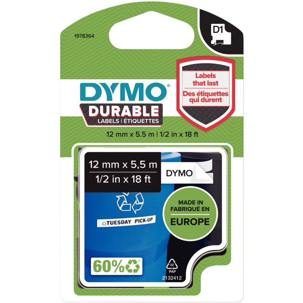Recharge DYMO D1 12 mm x 5,5 m impression noire support blanc