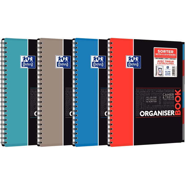 Cahier trieur à reliure intégrale ORGANISERBOOK OXFORD 160 pages perforées, format A4+, quadrillé 5x