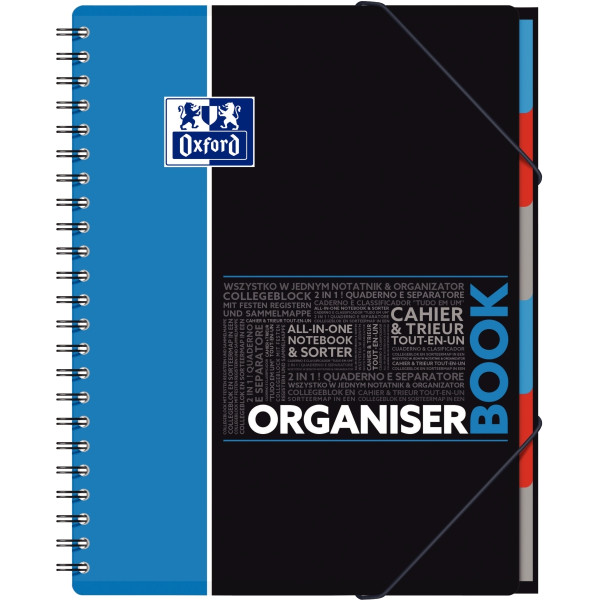 Cahier trieur à reliure intégrale ORGANISERBOOK OXFORD 160 pages perforées, format A4+, quadrillé 5x