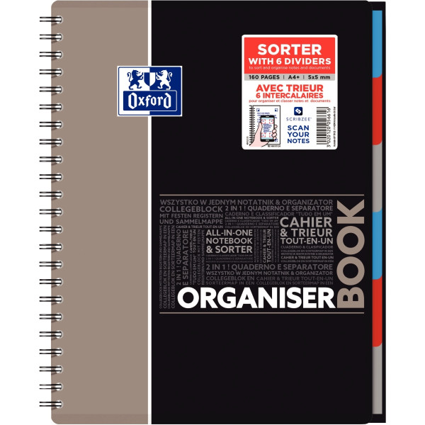 Cahier trieur à reliure intégrale ORGANISERBOOK OXFORD 160 pages perforées, format A4+, quadrillé 5x