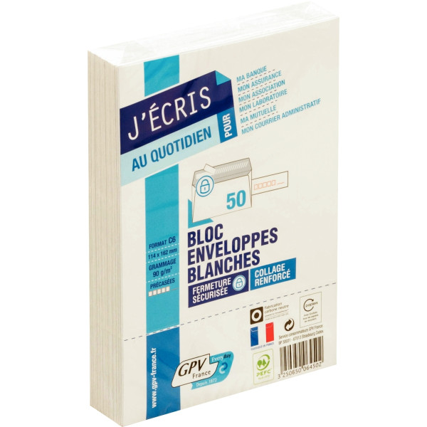 Paquet de 50 enveloppes blanches 114x162mm 90g bande siliconée précasées