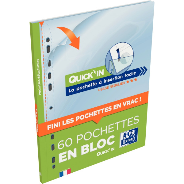 Bloc de 60 pochettes perforées en polypropylène lisse 5/100ème