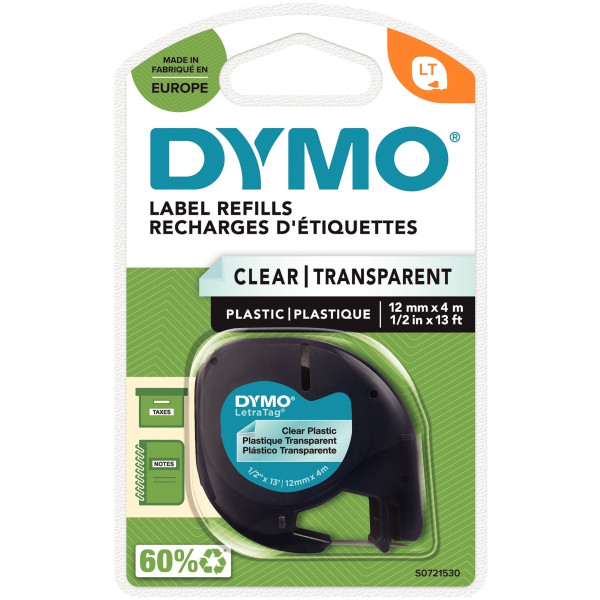 Recharge LETRATAG l12 mm x 4 m noir sur transparent