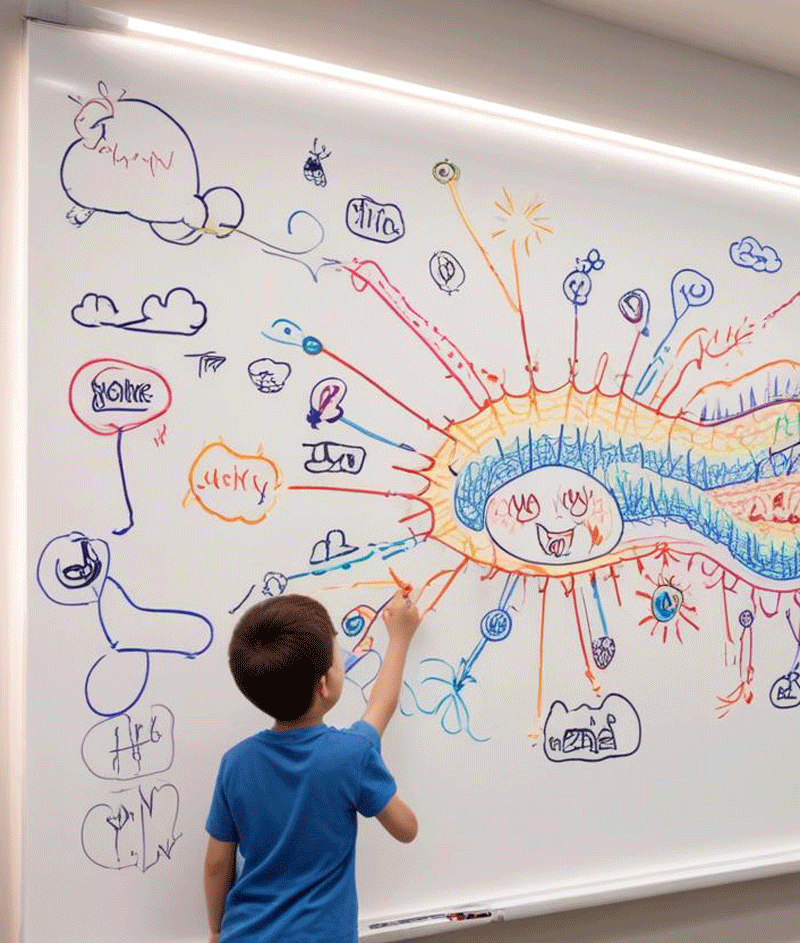 enfant au tableau blanc faisant un dessin