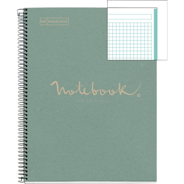 Cahier à reliure intégrale 80 feuilles NOTEBOOK MIQUELRIUS 100% recyclé, format A4, quadrillé 5x5, b