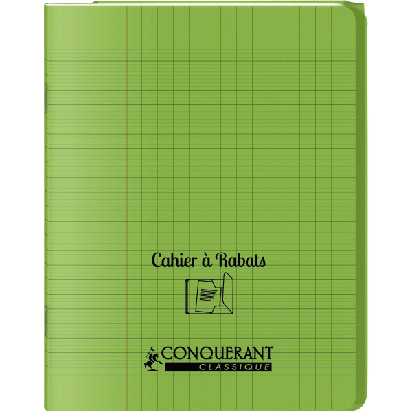 Piqûre 96 pages avec 2 rabats, format 17x22 cm, seyès 90g, couverture polypropylène vert