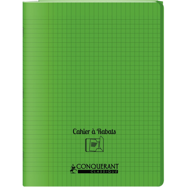 Piqûre 48 pages avec 2 rabats, format 24x32 cm, seyès 90g, couverture polypropylène vert